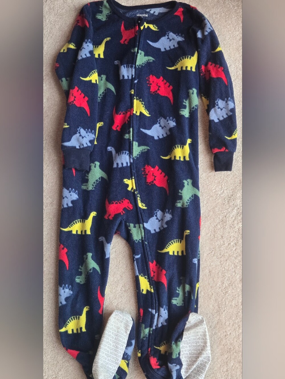 Kids Navy Blue Fleece One-Piece with Colorful Dinosaur Print